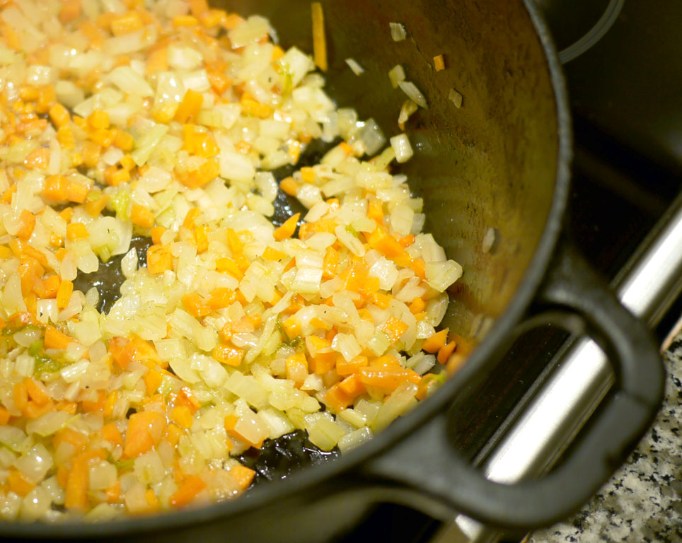The diced vegetables are browned and thoroughly fried.