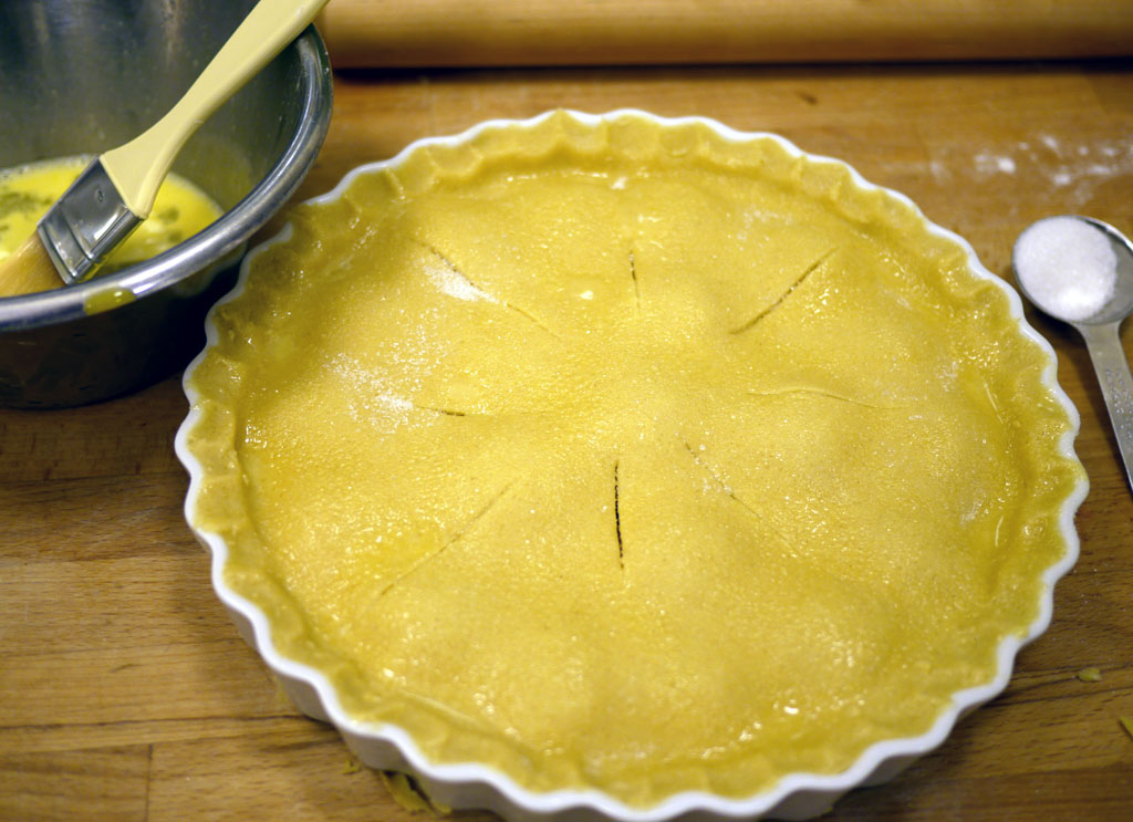 Just before baking.